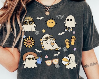 Summerween Comfort Colors-shirt, zomer schattig spook, Spooky Summer Vintage T-shirt, Beach Vibes-shirt, Halloween Ghost-shirt, leuk Halloween-T-shirt