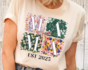 Camiseta personalizada con lazo floral para mamá, regalo para mamá primeriza, camiseta floral para mamá de primavera, regalo para el Día de la Madre, regalo para mamá primeriza