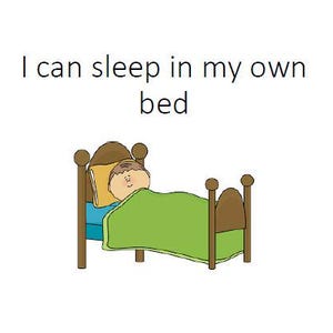 Könnte beinhalten: Eine Cartoon-Illustration eines Kindes, das in seinem eigenen Bett schläft. Das Bett ist aus braunem Holz mit einer blauen und grünen Decke.