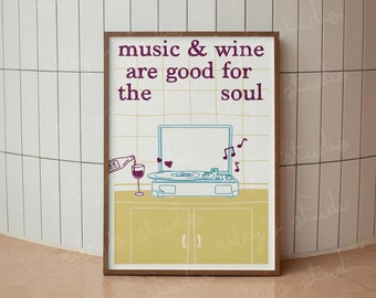 música y vino / cartel musical / ilustración / decoración de pared de moda / cartel de música retro / tocadiscos / arte de la pared de la cocina / impresión de vino