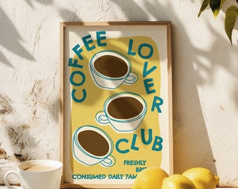 coffee lover club | coffee bar decor | trendy kitchen poster | retro print | aesthetic coffee poster | cafe print | digital download