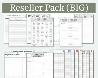 May include: A printable reseller pack with worksheets for tracking expenses, inventory, sales, and goals. The pack includes a daily block schedule, expense tracker, trend tracker, deal tracker, and a list of favorite sources.