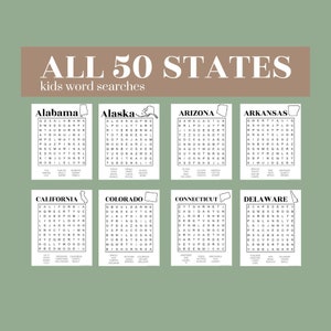 May include: A set of eight word search puzzles, each featuring a different U.S. state. The title "ALL 50 STATES" is displayed above the puzzles. The puzzles are printed on white paper with a green background.