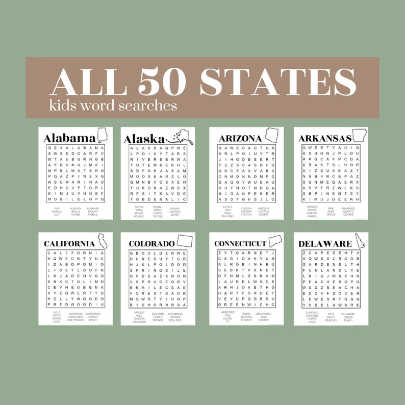 Kids Word Searches, USA 50 states pack // Printable Puzzles image 1