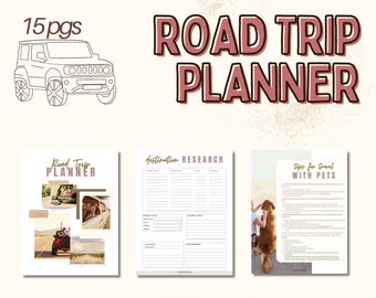 Könnte beinhalten: Ein Roadtrip-Planer mit dem Text "Road Trip Planner" in fetter, umrandeter Schrift. Der Planer enthält Seiten für die Reisezielrecherche und Tipps für Reisen mit Haustieren. Der Text "Fillable and Printable PDF!" ist ebenfalls sichtbar.