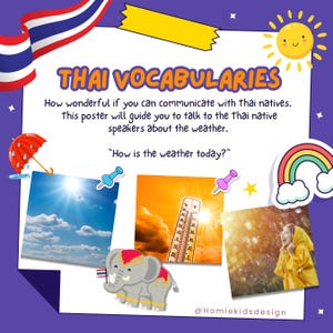 Póster de 12 vocabulario tailandés simple con traducciones tailandés/inglés para principiantes (El clima), Comunicación con hablantes nativos.