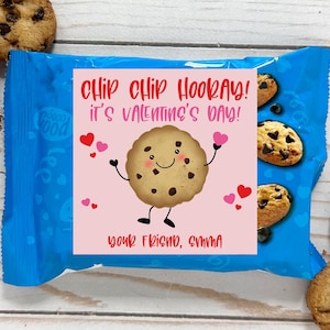May include: A pink and red Valentine's Day gift tag with a cartoon cookie character and the text "Chip Chip Hooray! It's Valentine's Day! Your friend, [name]"
