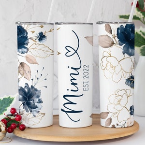 Blue Floral Mimi Tumbler, Blue Gold Mimi tumbler, Gift Mimi, Grandma tumbler, Mimi Christmas Gift, Grandmother tumbler, Gift for her