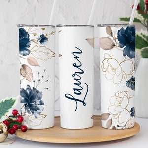 Personalized Name Tumbler, Blue and Gold Floral name tumbler, Gift for her, Floral Name tumbler, Tumbler gift, Floral tumbler