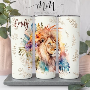 Floral Lion Tumbler: Personalized 20oz Stainless Steel Cup