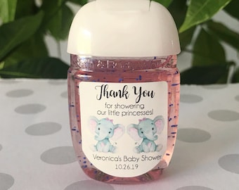 Twin Baby Elephant baby shower favor labels, hand sanitizer favor label, hand sanitizer labels, elephant baby shower boy, twins elephant