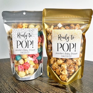 Ready to Pop baby shower treat bags, Popcorn favor bags, About to Pop baby shower favors, Popcorn baby shower, Stand up Zip Pouches