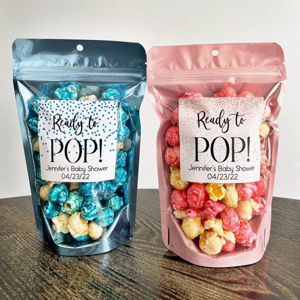 Ready to Pop baby shower treat bags, About to Pop favor bags, Popcorn baby shower favors, Popcorn baby shower bags,  Stand up Zip Pouches