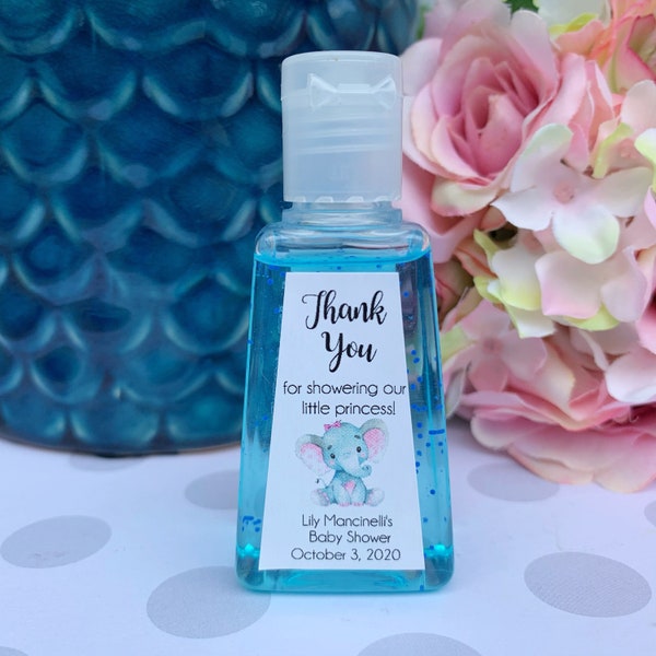 Bebé elefante bebé ducha favorecer etiquetas, etiqueta de favor desinfectante de la mano, etiquetas del desinfectante de la mano, niño de la ducha del bebé elefante, niña de la ducha del elefante