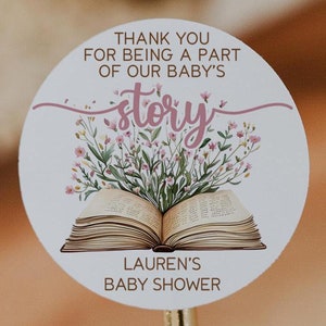 Storybook Baby Shower Favor Labels, A New Chapter Begins Baby Shower Favor Sticker, 2&quot; Round Baby Shower Labels, Storybook Baby Shower Label