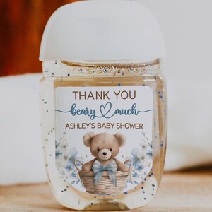 Teddy Bear baby shower favor labels, Thank You Beary Much hand sanitizer favor label, hand sanitizer labels, teddy bear baby shower boy