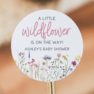 A Little Wildflower Baby Shower Favor Labels, Wildflower Baby Shower Favor Stickers, 2" Round Baby Shower Labels, Baby in Bloom Labels