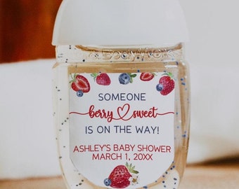 Berry Sweet Strawberry Baby Shower Hand Sanitizer Favor Labels, Strawberry Baby Shower Favors, Strawberry Baby Shower, Blueberry Shower