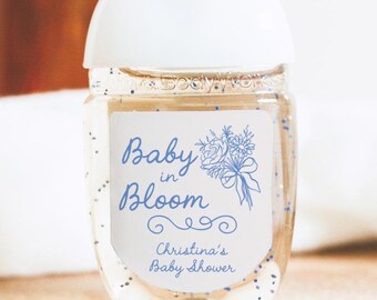 Baby in Bloom Baby Shower Favor Hand Sanitizer Labels, Wildflower Baby Shower Favor Stickers, Blue Baby in Bloom Hand Sanitizer Labels