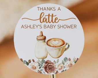 Thanks a Latte Baby Shower Favor Labels, Coffee Theme, 2 inch Round Stickers