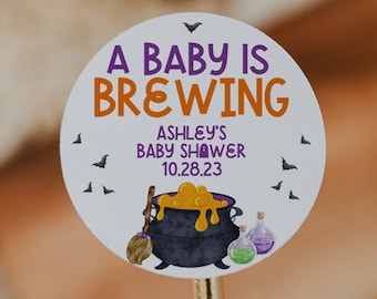 A Baby is Brewing Halloween Baby Shower Favors, Cute Halloween Baby Shower labels, Cute Witch Baby Shower, Halloween Baby Shower