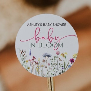 Baby in Bloom Baby Shower Favor Labels, Baby in Bloom Baby Shower Favor Stickers, 2&quot; Round Baby Shower Labels, Wildflower Baby Shower Labels
