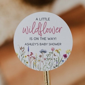 A Little Wildflower Baby Shower Favor Labels, Wildflower Baby Shower Favor Stickers, 2&quot; Round Baby Shower Labels, Baby in Bloom Labels