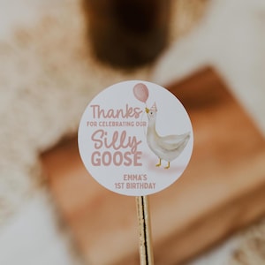 May include: Round pink and white sticker with a white goose wearing a pink party hat and holding a pink balloon. The sticker says "Thanks for celebrating our Silly Goose Emma's 1st Birthday."