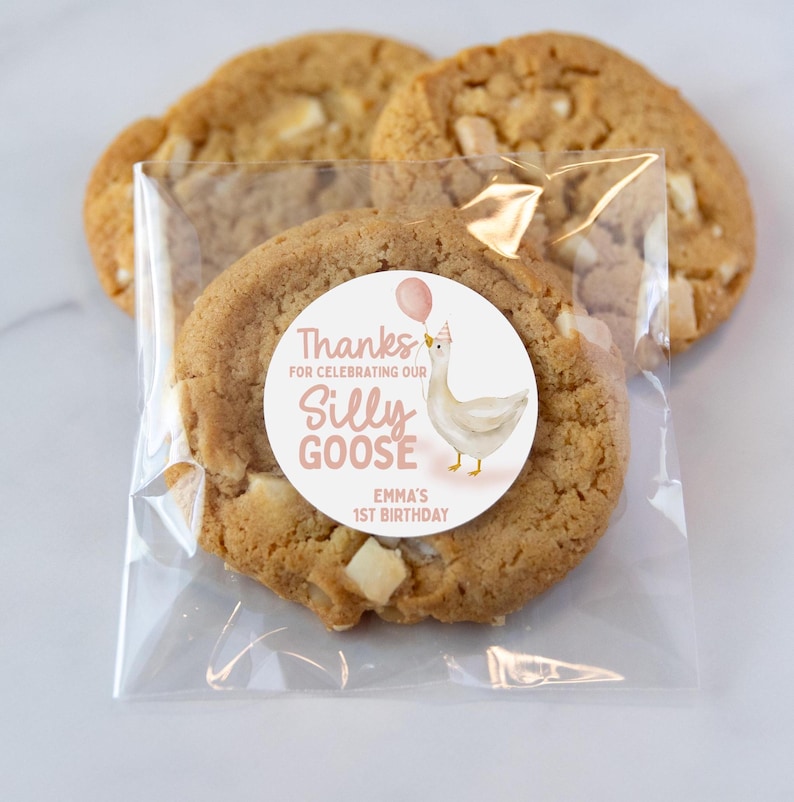 May include: A clear plastic bag with a cookie inside. The cookie has a white circle sticker with a pink goose illustration and the text "Thanks for celebrating our Silly Goose Emma's 1st Birthday".