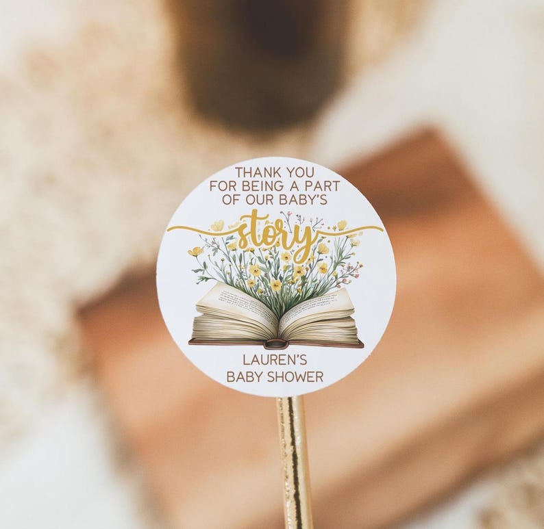 A New Chapter Begins Baby Shower Favor Sticker, Storybook Baby Shower Favor Labels, 2" Round Baby Shower Labels, Storybook Baby Shower Label yellow