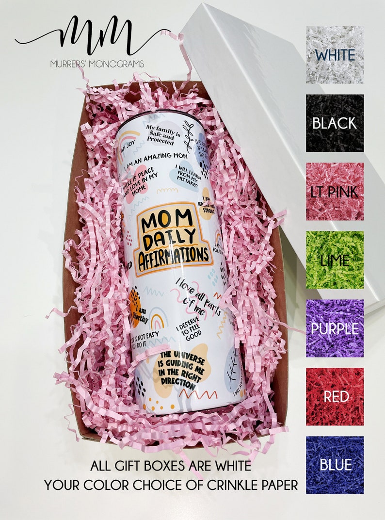 May include: White gift box with pink crinkle paper and a white tumbler with the text "Mom Daily Affirmations" and colorful designs. The box is surrounded by color swatches of white, black, light pink, lime, purple, red, and blue.