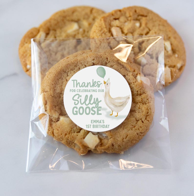 May include: A clear plastic bag filled with cookies and a round sticker that says "Thanks for celebrating our Silly Goose Emma's 1st Birthday" with a cartoon goose wearing a party hat and holding a balloon.
