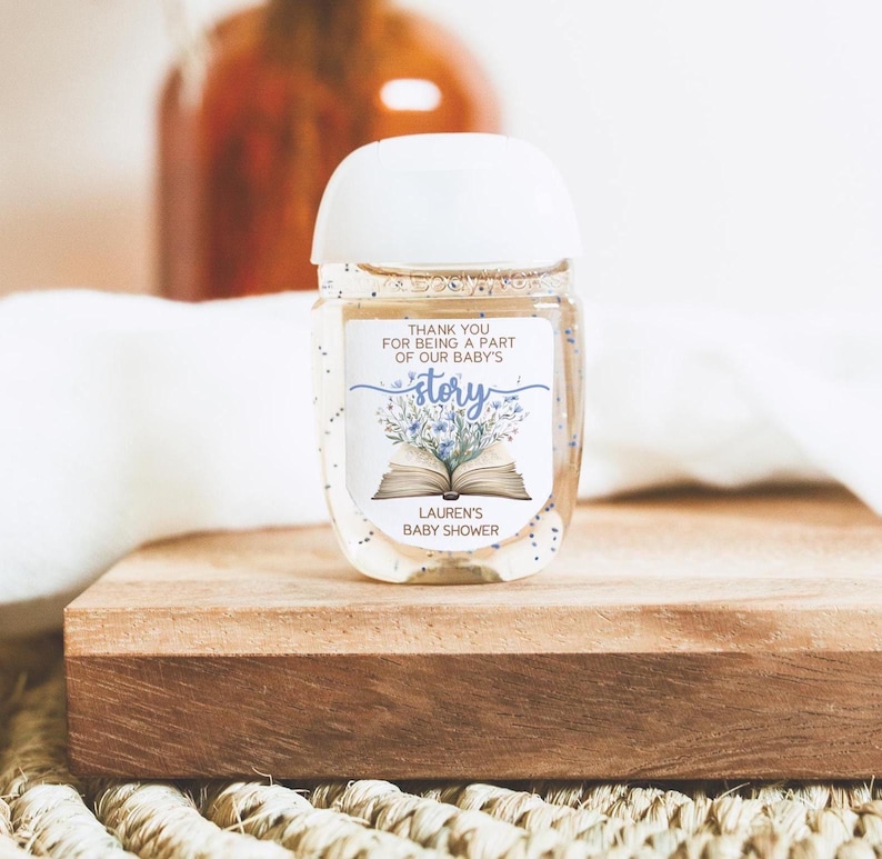 A New Chapter Begins Baby Shower Favor Stickers, Storybook Baby Shower Favor Hand Sanitizer Labels, Book Baby Shower Hand Sanitizer Labels blue