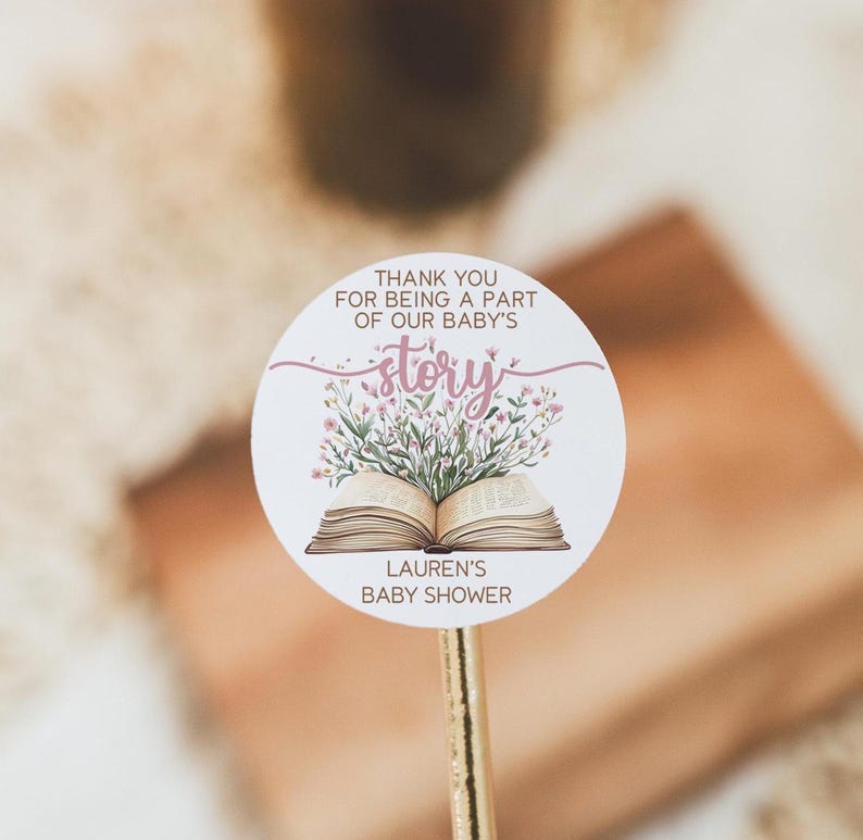 A New Chapter Begins Baby Shower Favor Sticker, Storybook Baby Shower Favor Labels, 2" Round Baby Shower Labels, Storybook Baby Shower Label pink