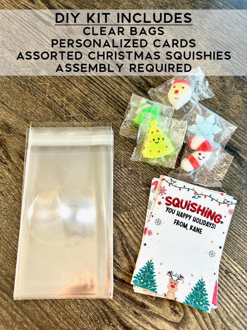 May include: A DIY kit for making Christmas gift bags includes clear plastic bags, personalized cards with a reindeer design, and assorted Christmas-themed squishies. The cards have the text "SQUISHING YOU HAPPY HOLIDAYS! FROM, KANE".