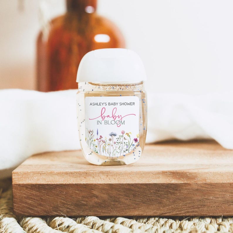 Baby in Bloom Baby Shower Favor Hand Sanitizer Labels, Wildflower Baby Shower Favor Stickers, Baby in Bloom Hand Sanitizer Labels image 1