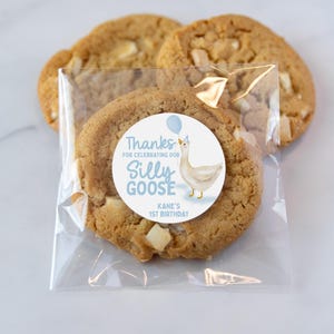 May include: A clear plastic bag filled with cookies and a round sticker that says "Thanks for celebrating our Silly Goose Kane's 1st Birthday". The sticker has a cartoon goose wearing a party hat and holding a blue balloon.