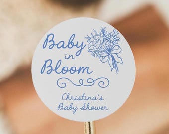Baby in Bloom Baby Shower Favor Stickers: Blue Wildflower Labels