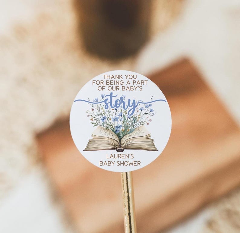 A New Chapter Begins Baby Shower Favor Sticker, Storybook Baby Shower Favor Labels, 2" Round Baby Shower Labels, Storybook Baby Shower Label blue