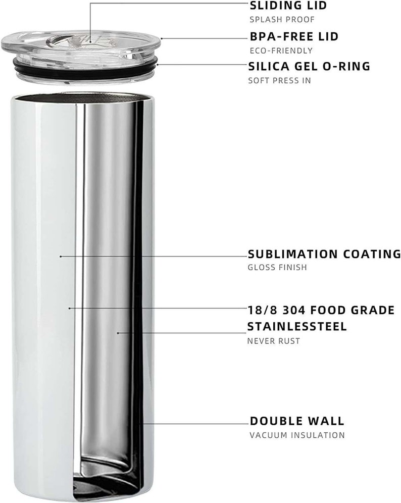 May include: White stainless steel tumbler with a double wall and vacuum insulation. It has a sliding lid with a BPA-free lid and a silica gel O-ring. The tumbler is coated with a sublimation coating for a gloss finish.