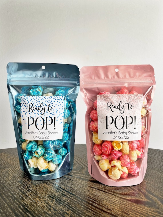 Ready to Pop baby shower treat bags, About to Pop favor bags, Popcorn baby shower favors, Popcorn baby shower bags,  Stand up Zip Pouches