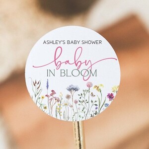 Baby in Bloom Baby Shower Favor Labels, Baby in Bloom Baby Shower Favor Stickers, 2" Round Baby Shower Labels, Wildflower Baby Shower Labels