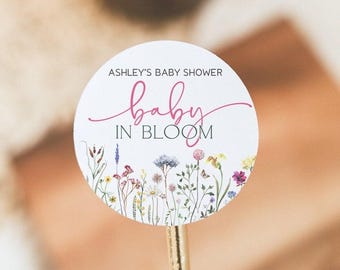 Baby in Bloom Baby Shower Favor Labels, Baby in Bloom Baby Shower Favor Stickers, 2" Round Baby Shower Labels, Wildflower Baby Shower Labels