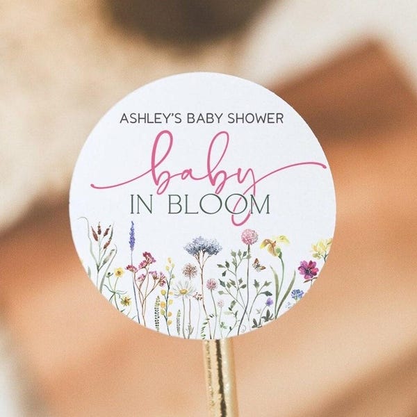 Baby in Bloom Baby Shower Favor Labels, Baby in Bloom Baby Shower Favor Stickers, 2" Round Baby Shower Labels, Wildflower Baby Shower Labels