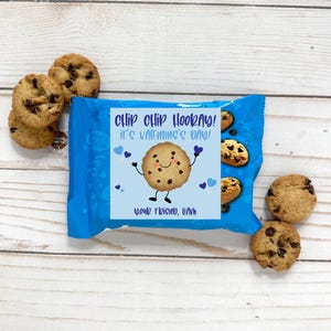 May include: A blue and white Valentine's Day gift bag with a chocolate chip cookie character saying "Chip Chip Hooray! It's Valentine's Day!" and the text "Your friend, Liam".