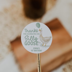 May include: Round sticker with a white goose holding a green balloon. The sticker says "Thanks for celebrating our Silly Goose Emma's 1st Birthday".