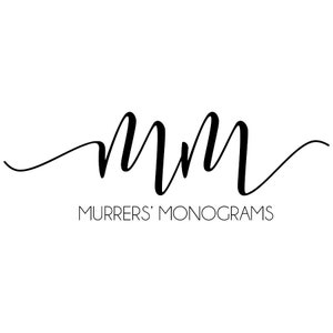 May include: A black and white logo with the letters "MM" in a cursive font. The text "MURRERS' MONOGRAMS" is below the letters.