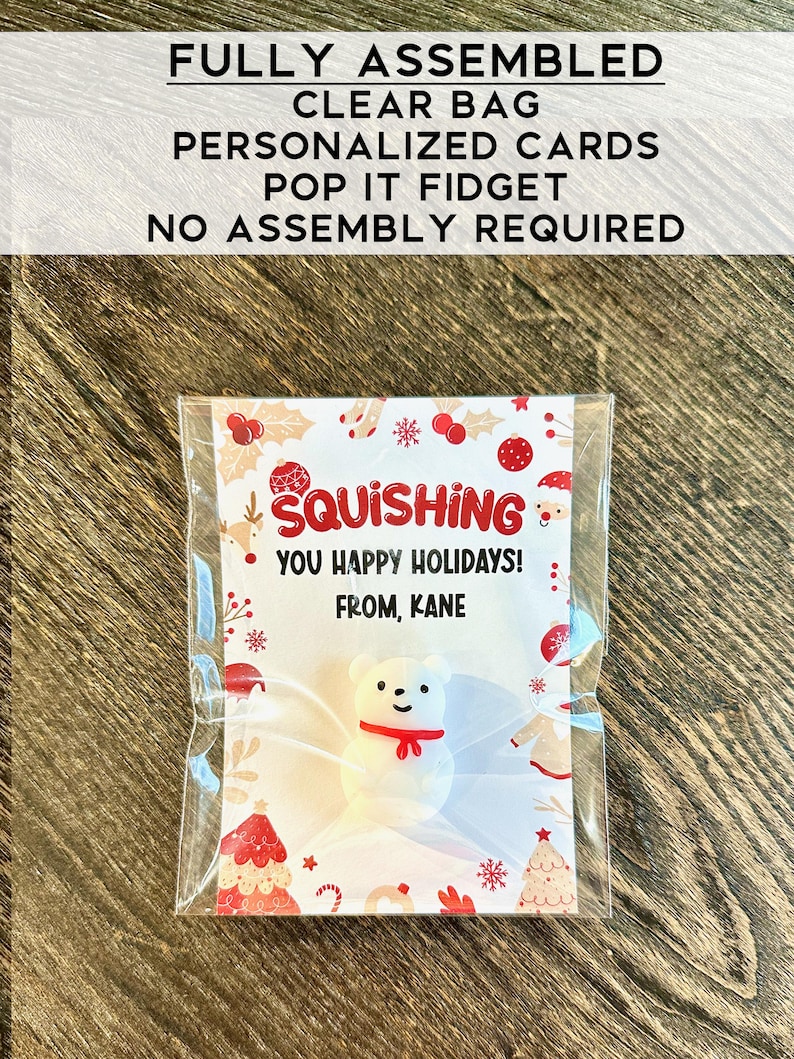 May include: A white pop it fidget toy in the shape of a polar bear with a red scarf. The toy is packaged in a clear plastic bag with a white card that says "Squishing You Happy Holidays! From, Kane".