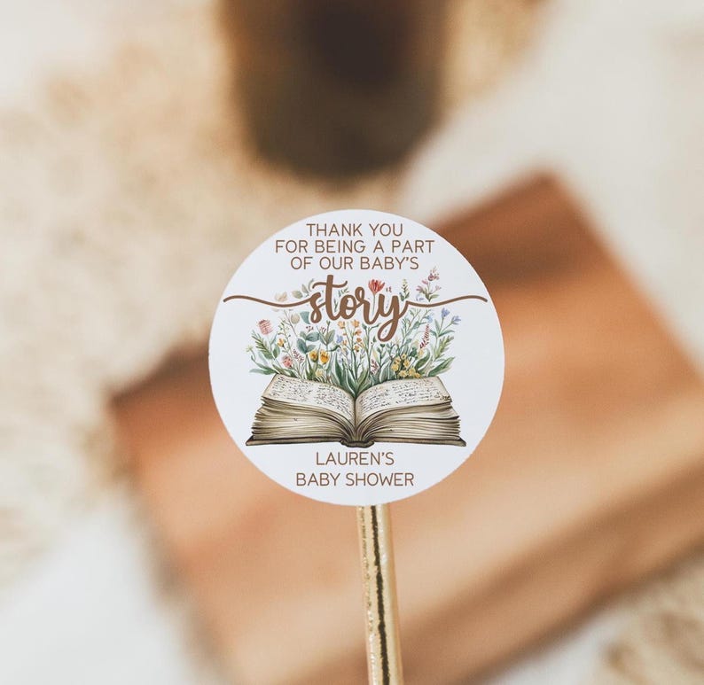 A New Chapter Begins Baby Shower Favor Sticker, Storybook Baby Shower Favor Labels, 2" Round Baby Shower Labels, Storybook Baby Shower Label brown