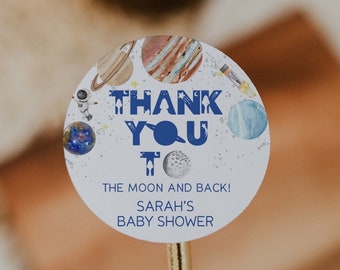 Space Baby Baby Shower Favor Labels, Thank you to the moon & back, Space Planet Stickers, Moon baby shower favors, Galaxy baby shower